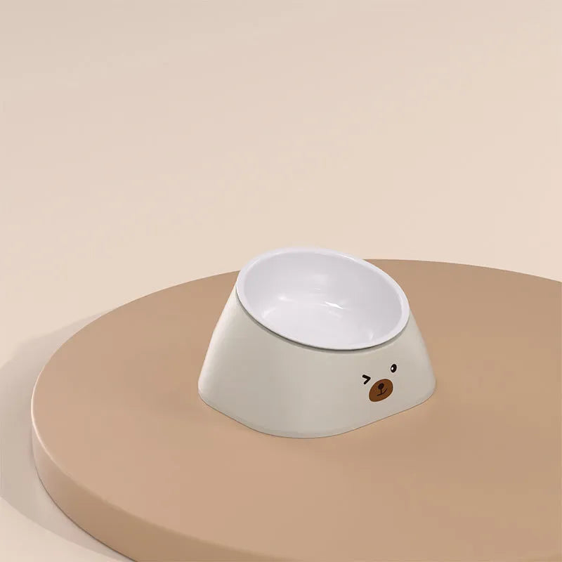 Green 15-degree tilted stainless steel cat bowl with fall-resistant base for cervical spine protection