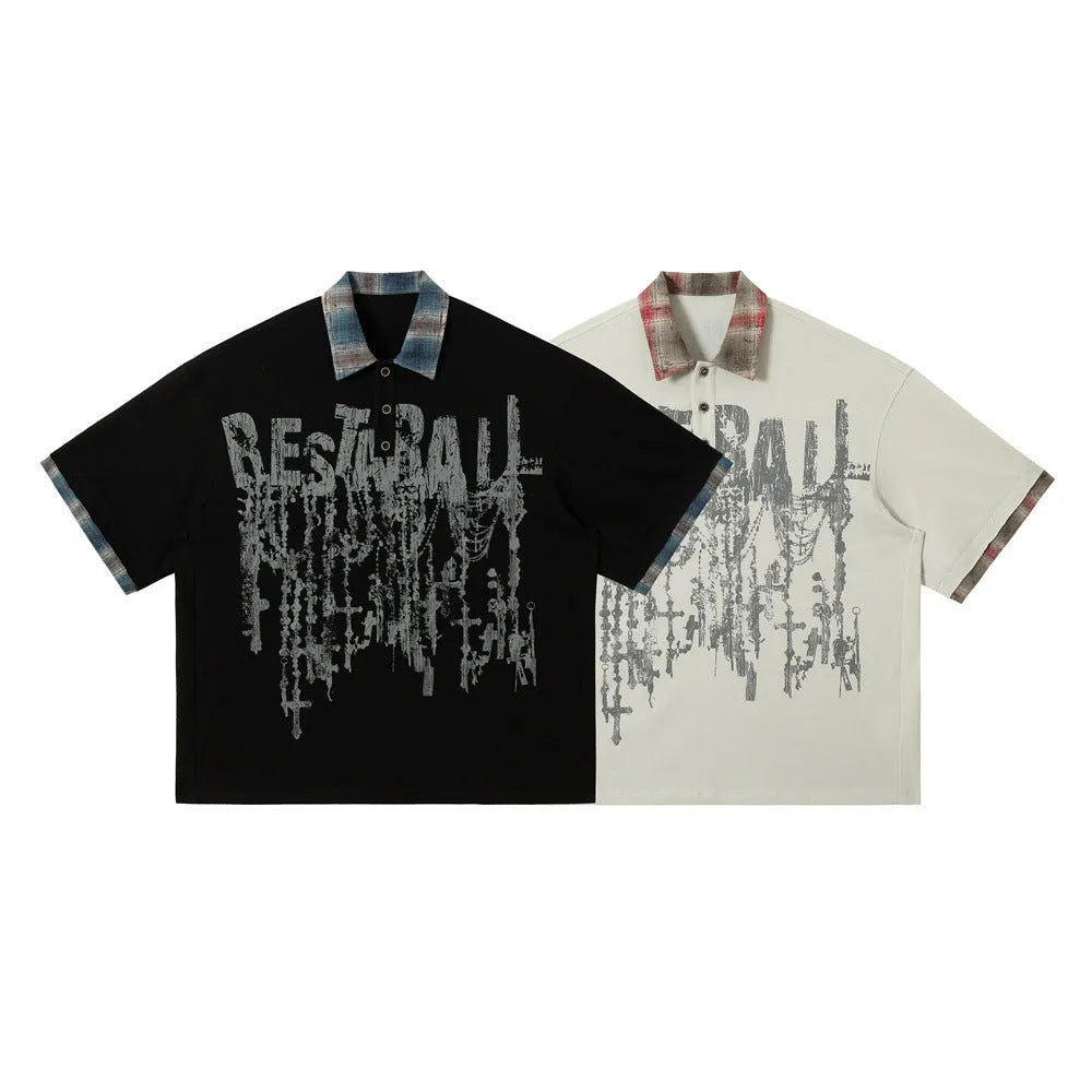 Men's loose blue cotton top with a short sleeve and an asymmetric lapel featuring a graffiti print.