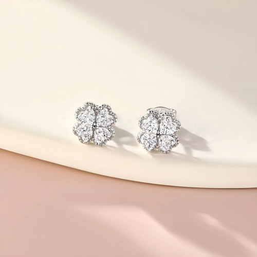 925 silver four-leaf clover earrings with inlaid zircon stones, white gold colour, heart-shaped love design for women
