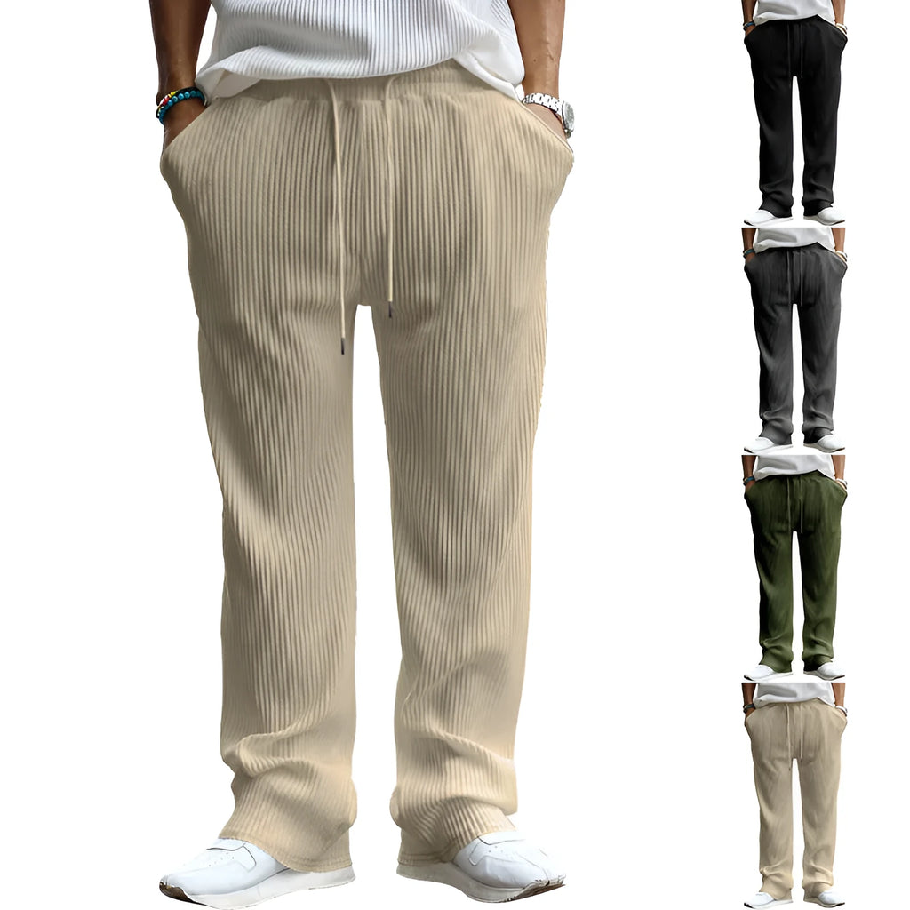 Men's casual loose fit high waist straight leg trousers in polyester fibre with micro elasticity