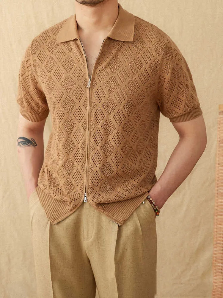 Cotton short sleeve cardigan with front zipper and hollow out pattern in light brown colour