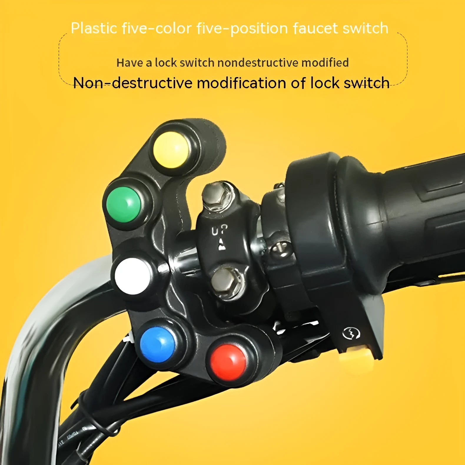 Five-position vehicle switch with red, yellow, blue, green, and white buttons for motorcycle electrical control