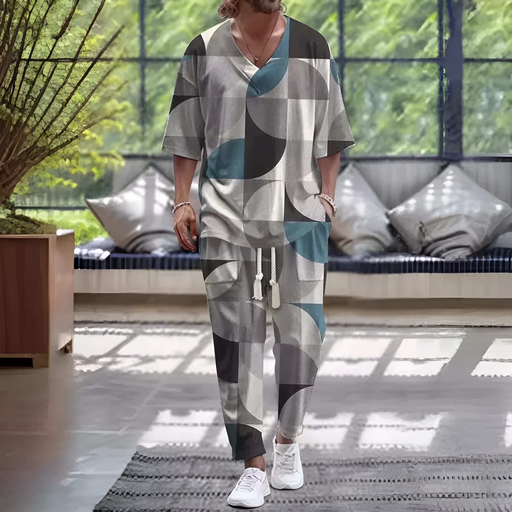 Men's cropped sleeve V-neck polyester suit in two-piece set with trousers
