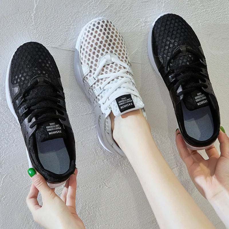 Low-top breathable mesh sneaker with hollow design in various colours on a white background.