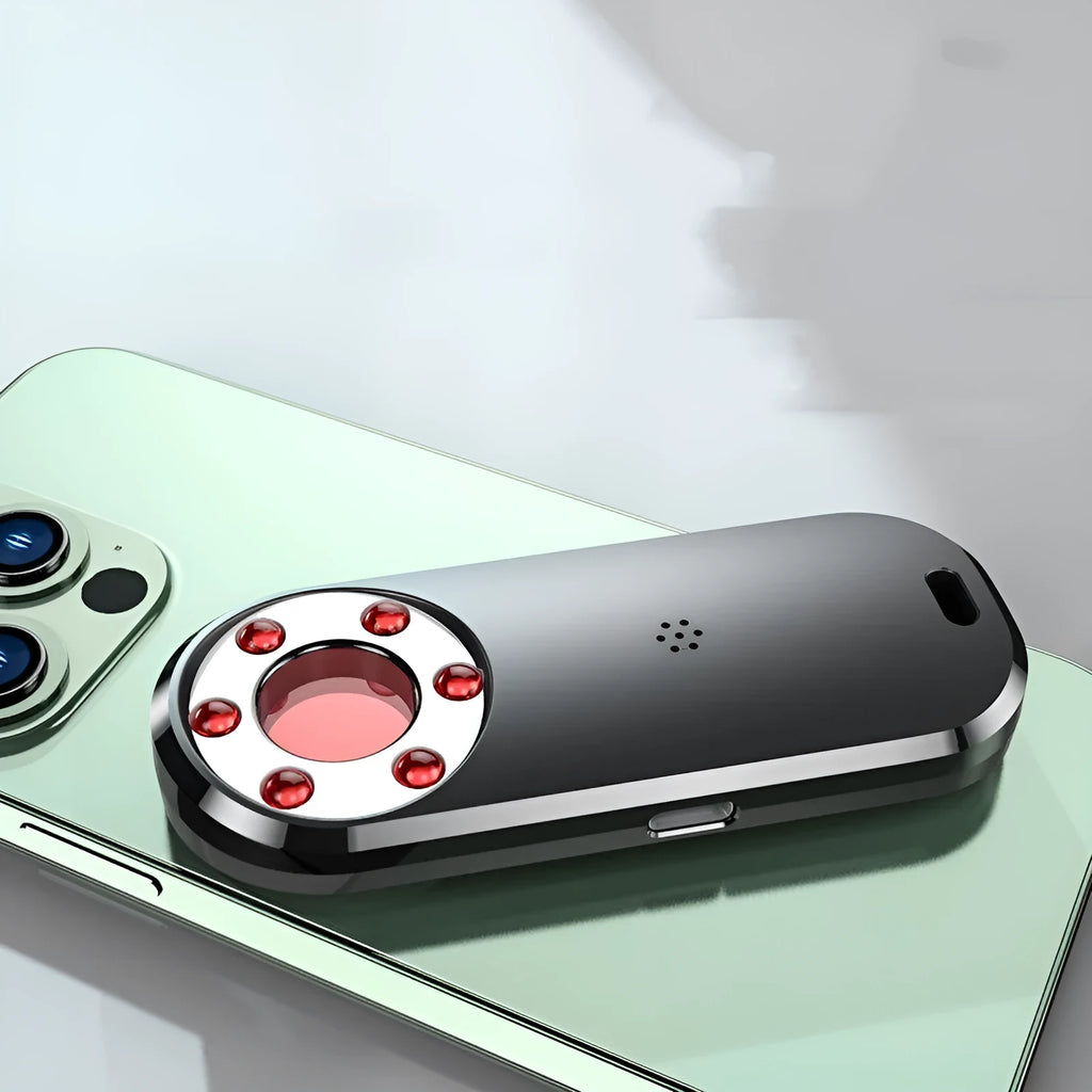 Small black portable infrared detector for finding hidden cameras and tracking devices