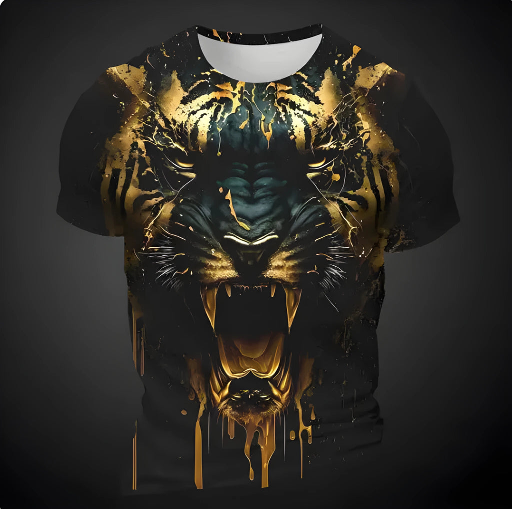 Men's short sleeve t-shirt featuring a 3D tiger pattern printed on bird eye cloth polyester fabric