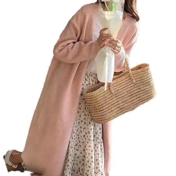 Women's loose fit mid-length knitted cardigan in khaki colour with V-neck and long sleeves