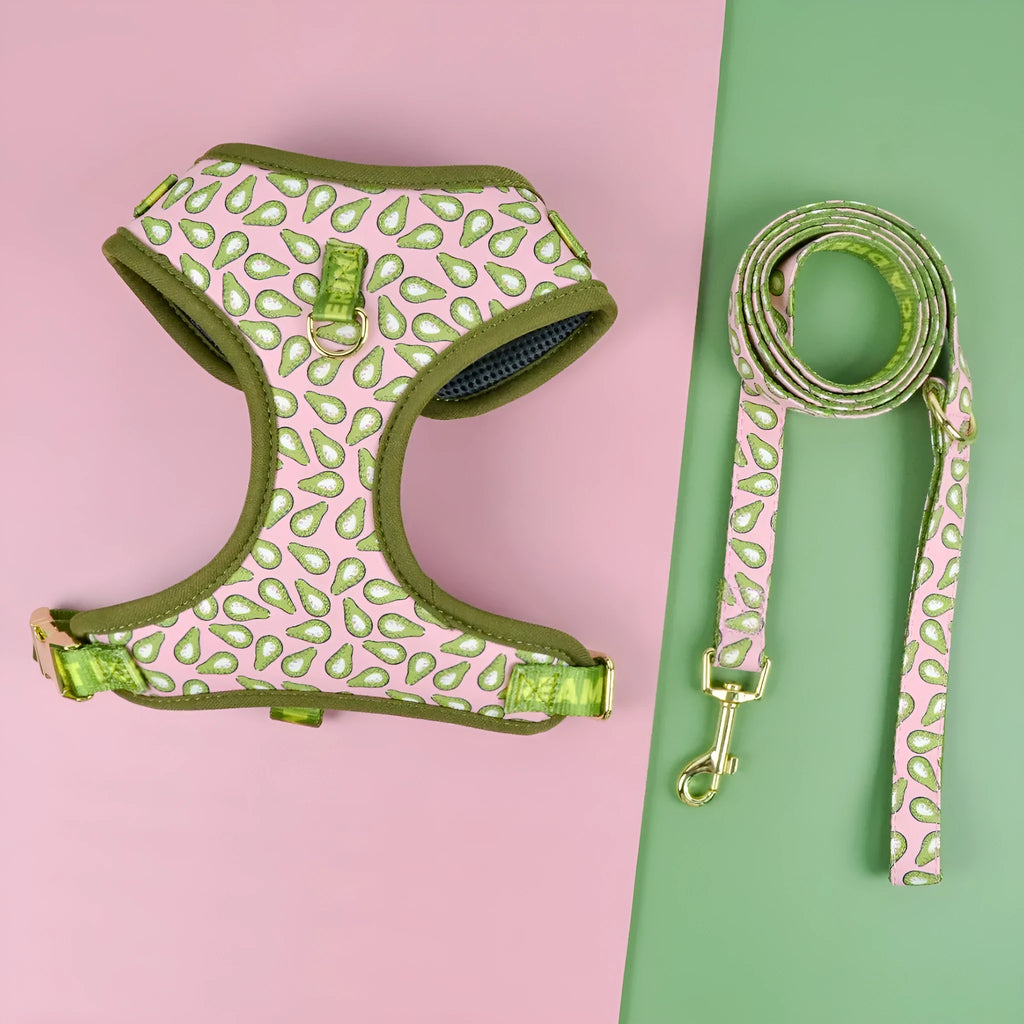 Polyester chest-back dog harness and lead set in a choice of six colourful patterns, sized for medium and large dogs.