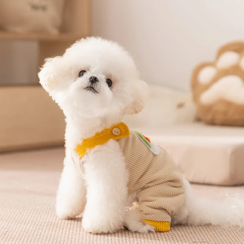 Small dog wearing rainbow corduroy jumpsuit in Beige with flannel lining, autumn winter pet overalls