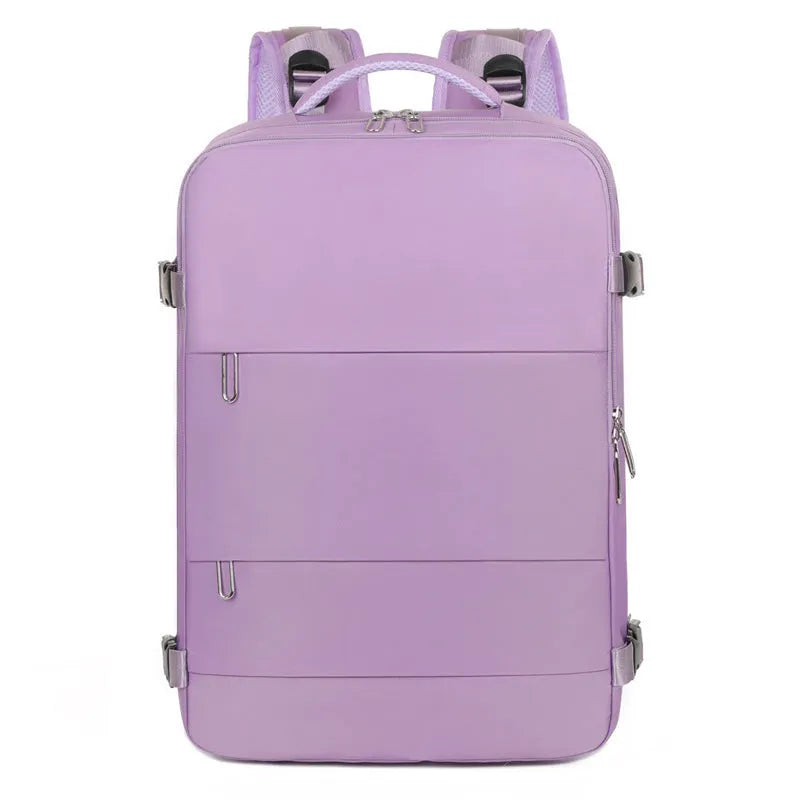 Large purple travel backpack for women with multiple compartments on a grey background.