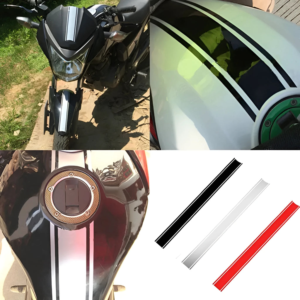 Motorcycle reflective pinstripe decal sheet for petrol tank lid customisation.
