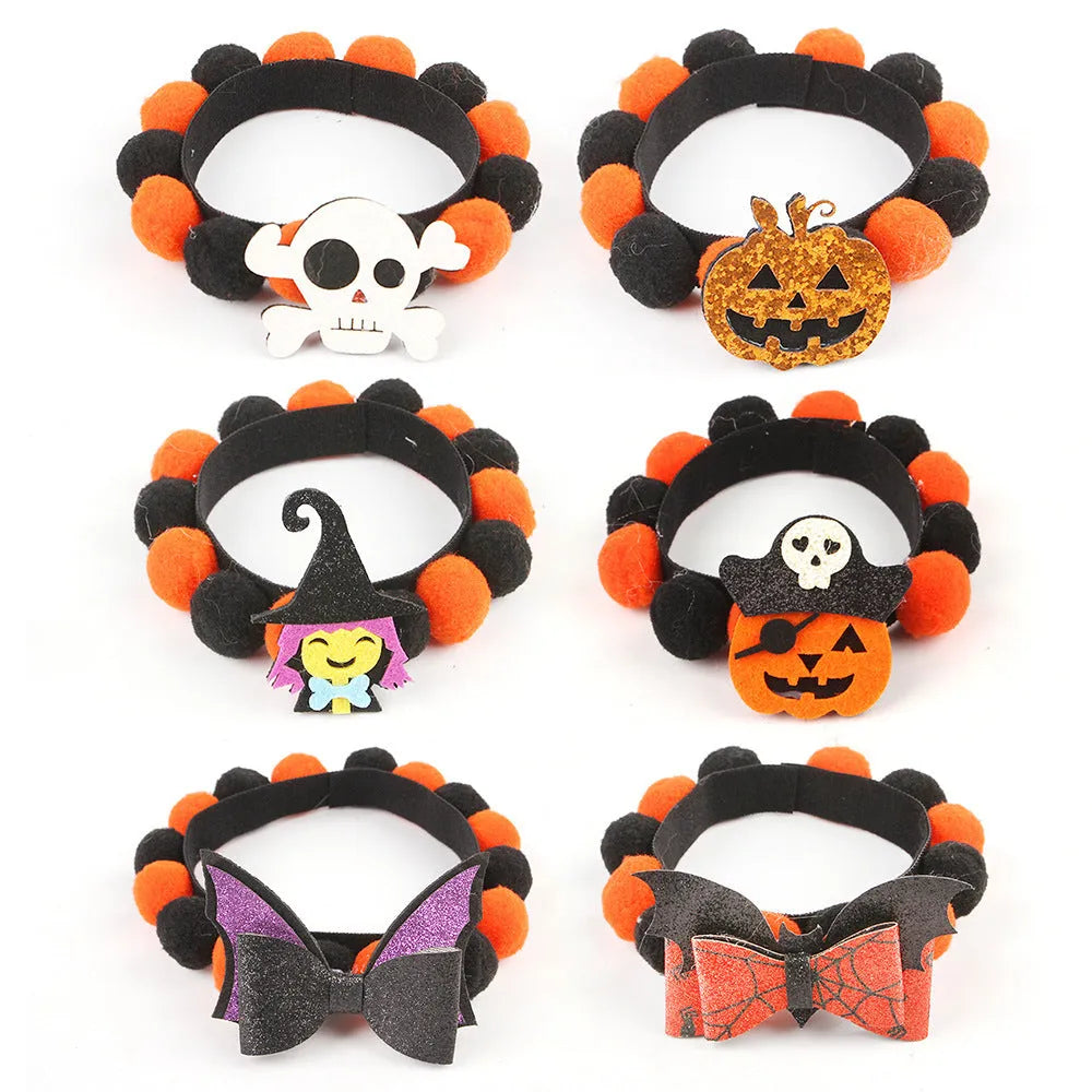 Halloween pet collar with fur ball pumpkin decoration in six colour and theme variations
