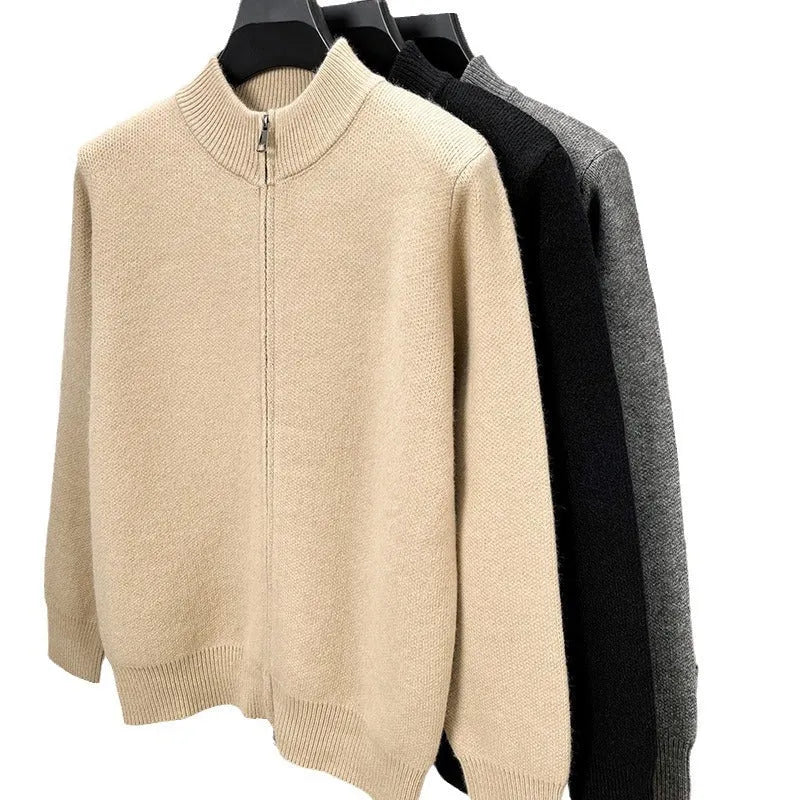 Men's grey knitted cardigan with stand collar and full-length front zipper in loose fit