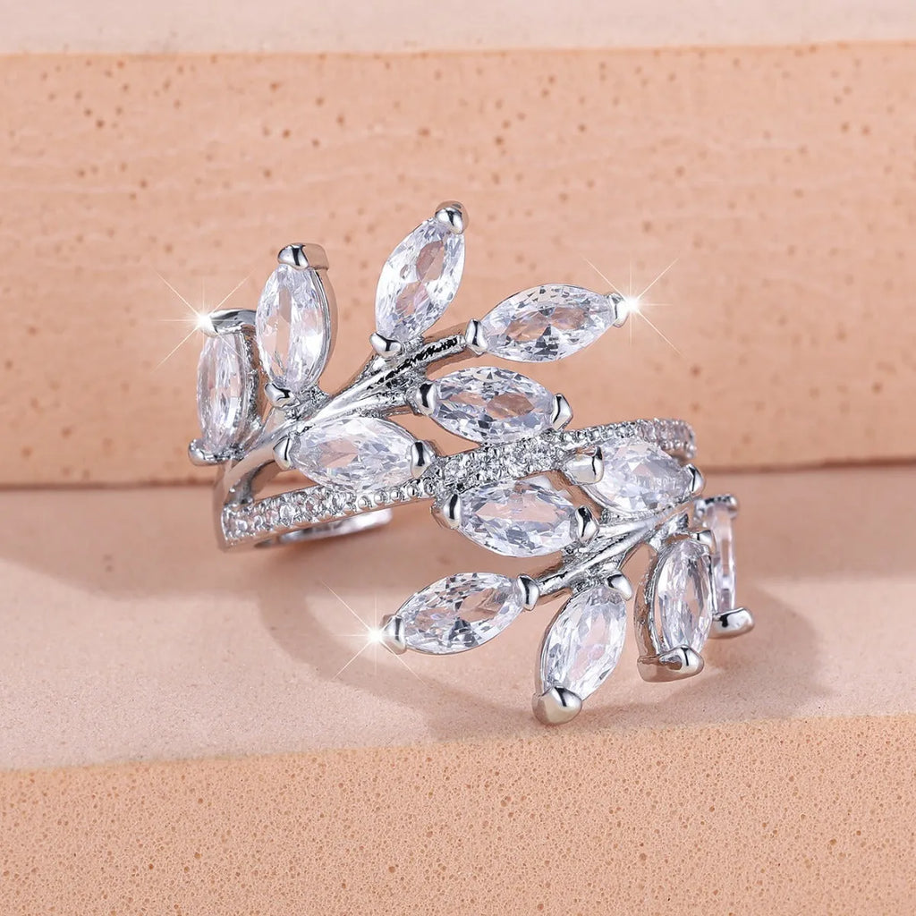 Adjustable copper leaf fashion ring with stone settings in multiple colour options