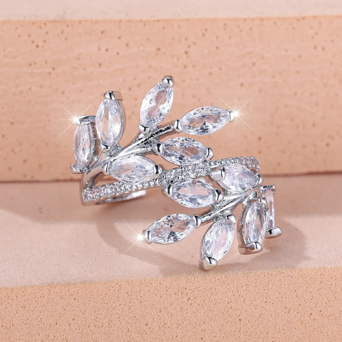 Adjustable copper leaf fashion ring with stone settings in multiple colour options