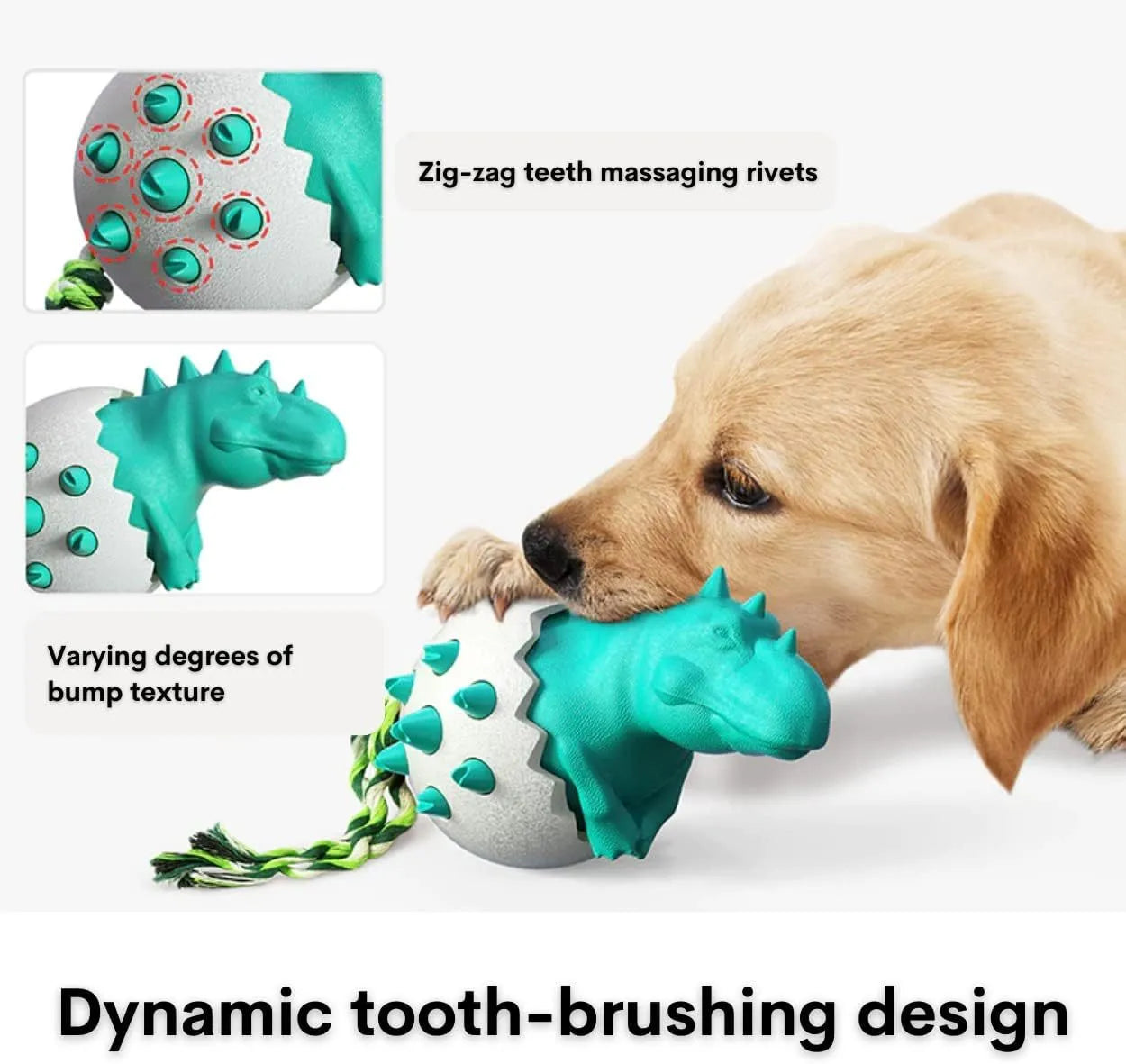 Dinosaur-shaped natural rubber dog chew toy with rope attachment in blue, green, orange or yellow