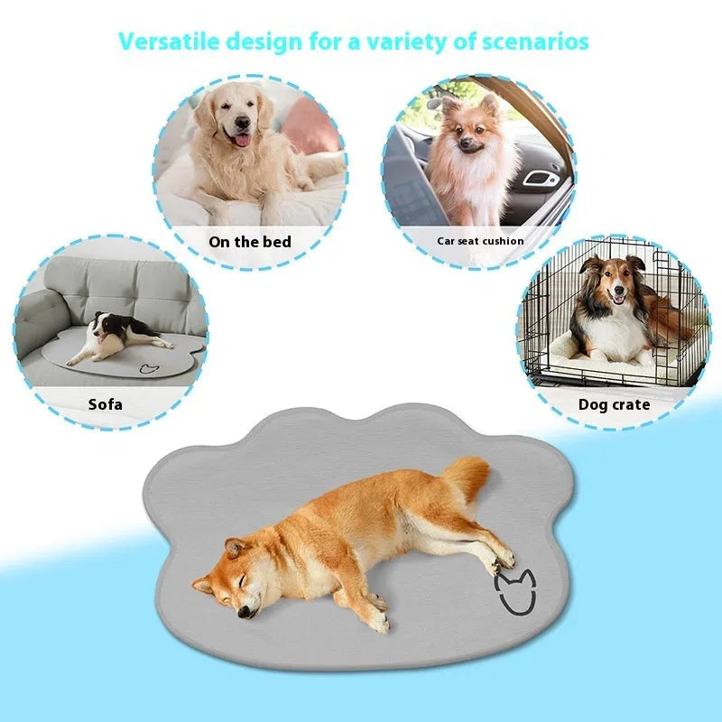 Ice silk dog cooling mat with dog head pattern in four colour options on non-slip base