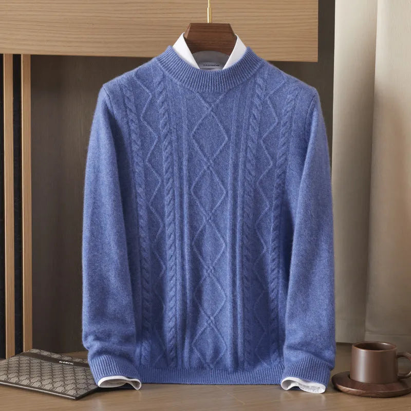 Men's semi-high diamond twisted wool pullover in wine red, loose fit, long sleeve, autumn casual wear