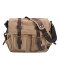 Men's army green canvas crossbody shoulder bag with a brown leather flap and single strap.