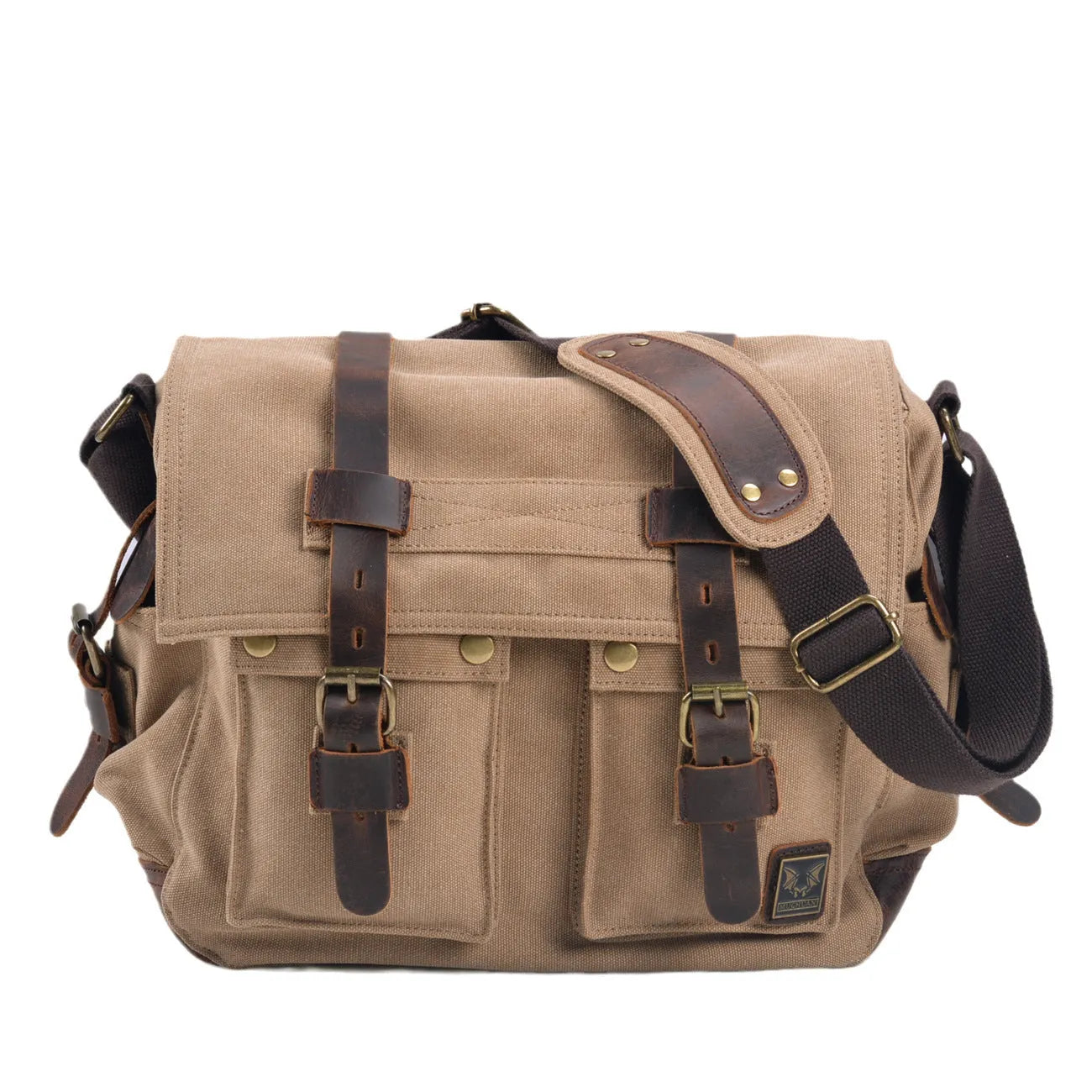 Men's army green canvas crossbody shoulder bag with a brown leather flap and single strap.
