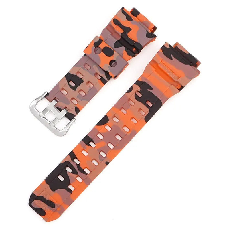 Camouflage pattern TPU watch strap with silver buckle closure shown in multiple colour options
