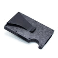Geometric aluminium and carbon fibre card wallet for business cards and banknotes in a gift box.