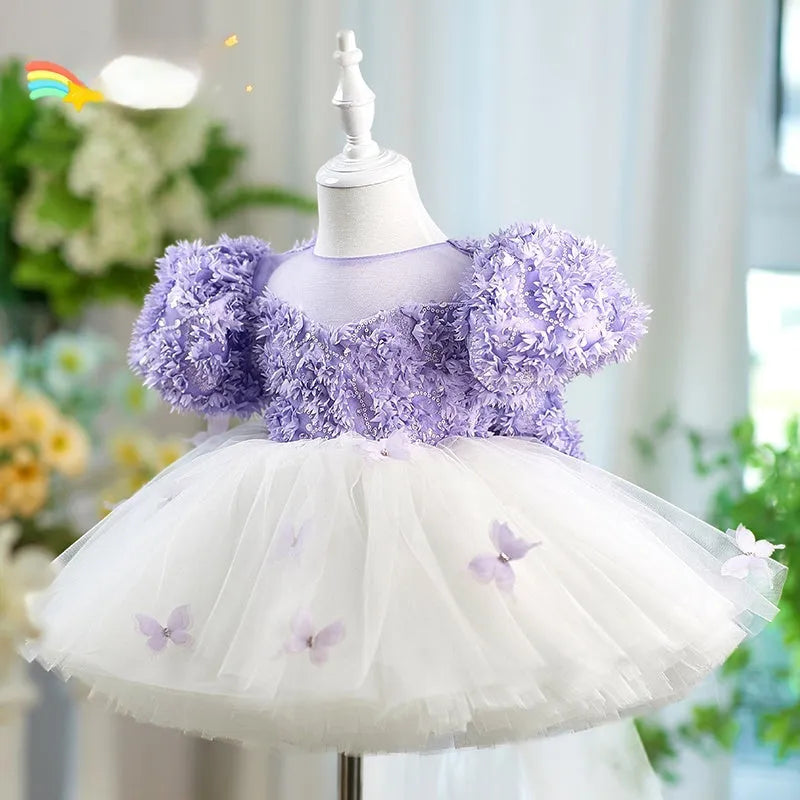 Purple girls tulle piano performance dress with sleeveless design for heights 80-160cm
