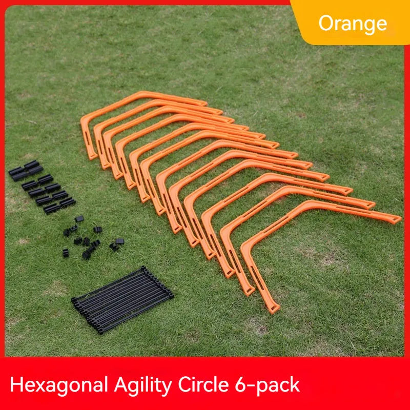 Set of six foldable yellow hexagon plastic agility training rings for sports drills.