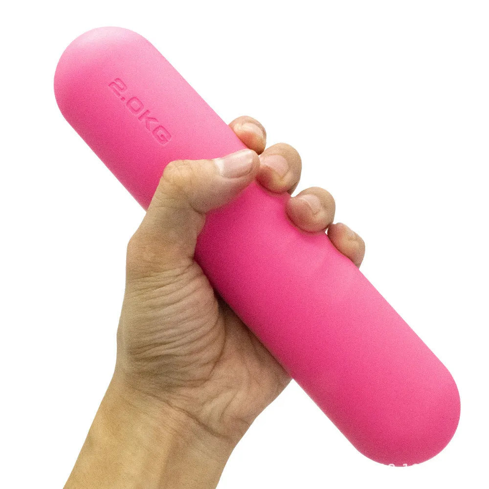 A hand-drawn silicone-grip dumbbell stick in various colours with selectable weight options.