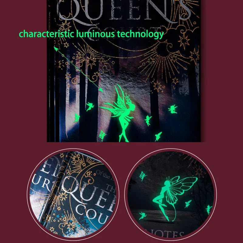 A5 luminous hardcover notebook with full-colour illustrated pages in blue or purple