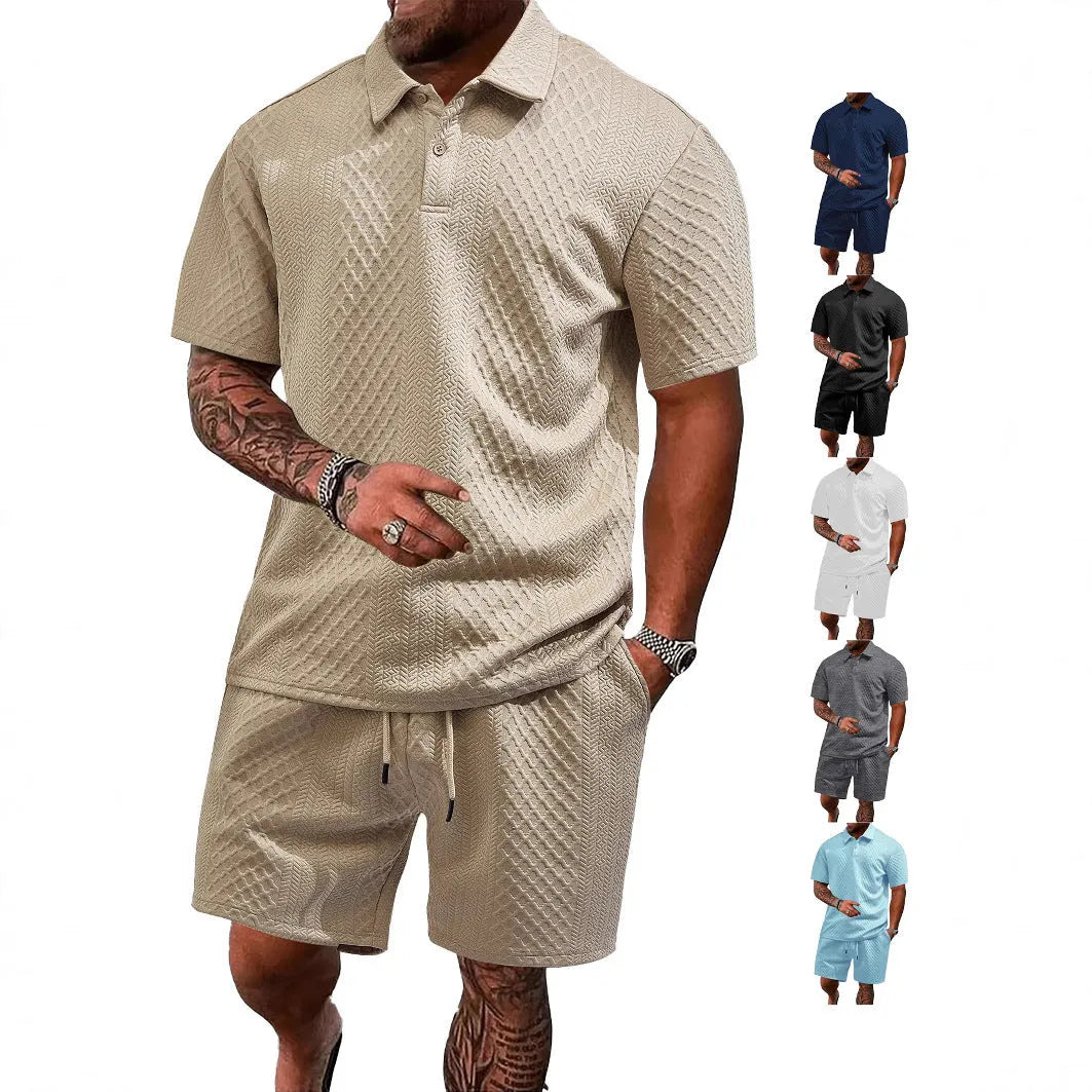 Men's patterned polyester casual suit set with short sleeve polo top and matching trousers