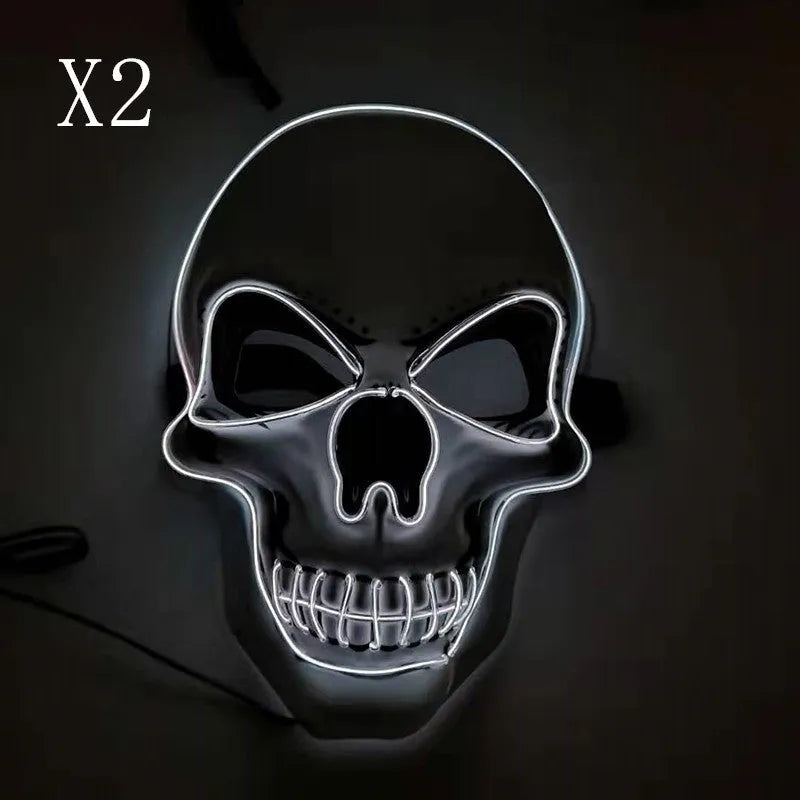 Skull LED glowing Halloween mask with EL wire, available in multiple colours, on a black background