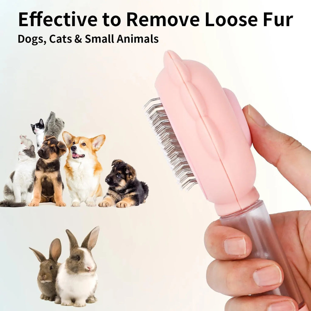 Grey spray cat grooming brush with self-cleaning button and curved stainless steel bristles on a white background.
