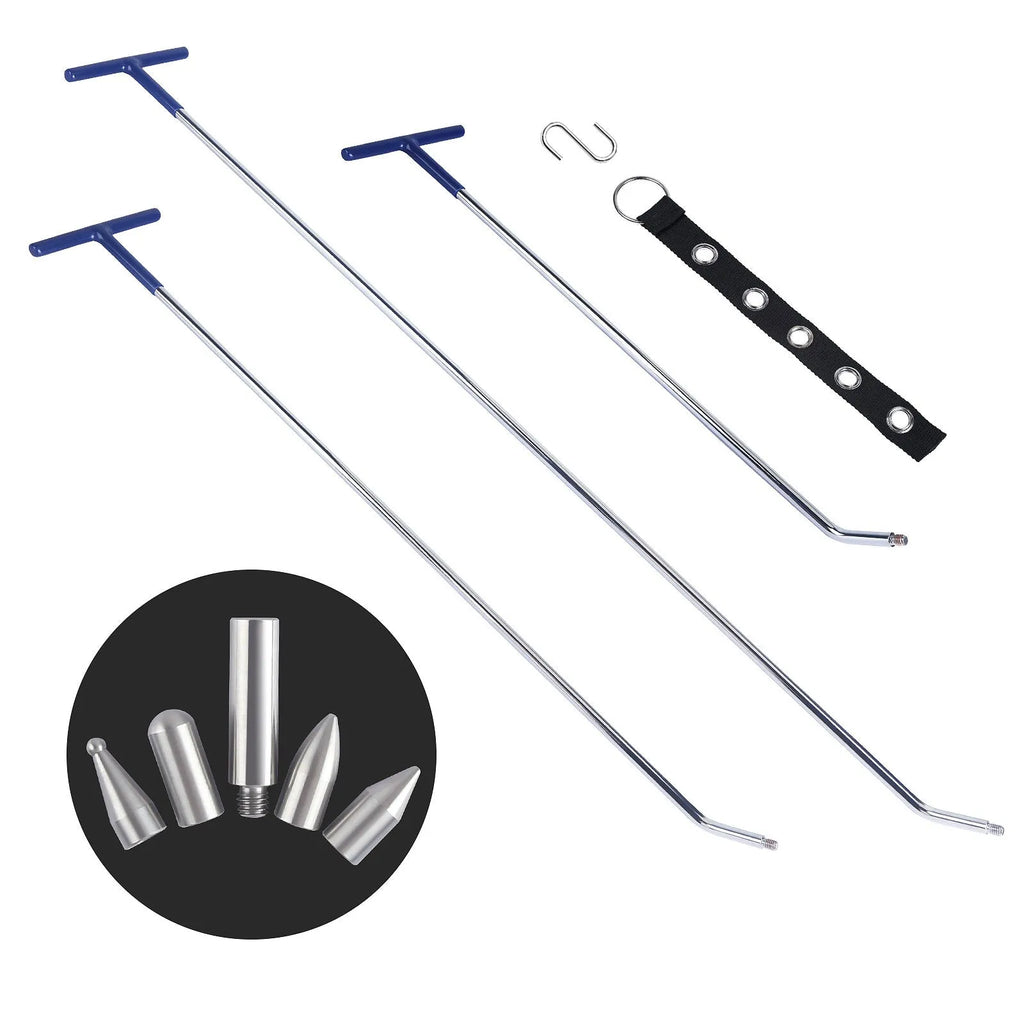 Three alloy steel hook crowbar tools for car dent repair on a workbench.