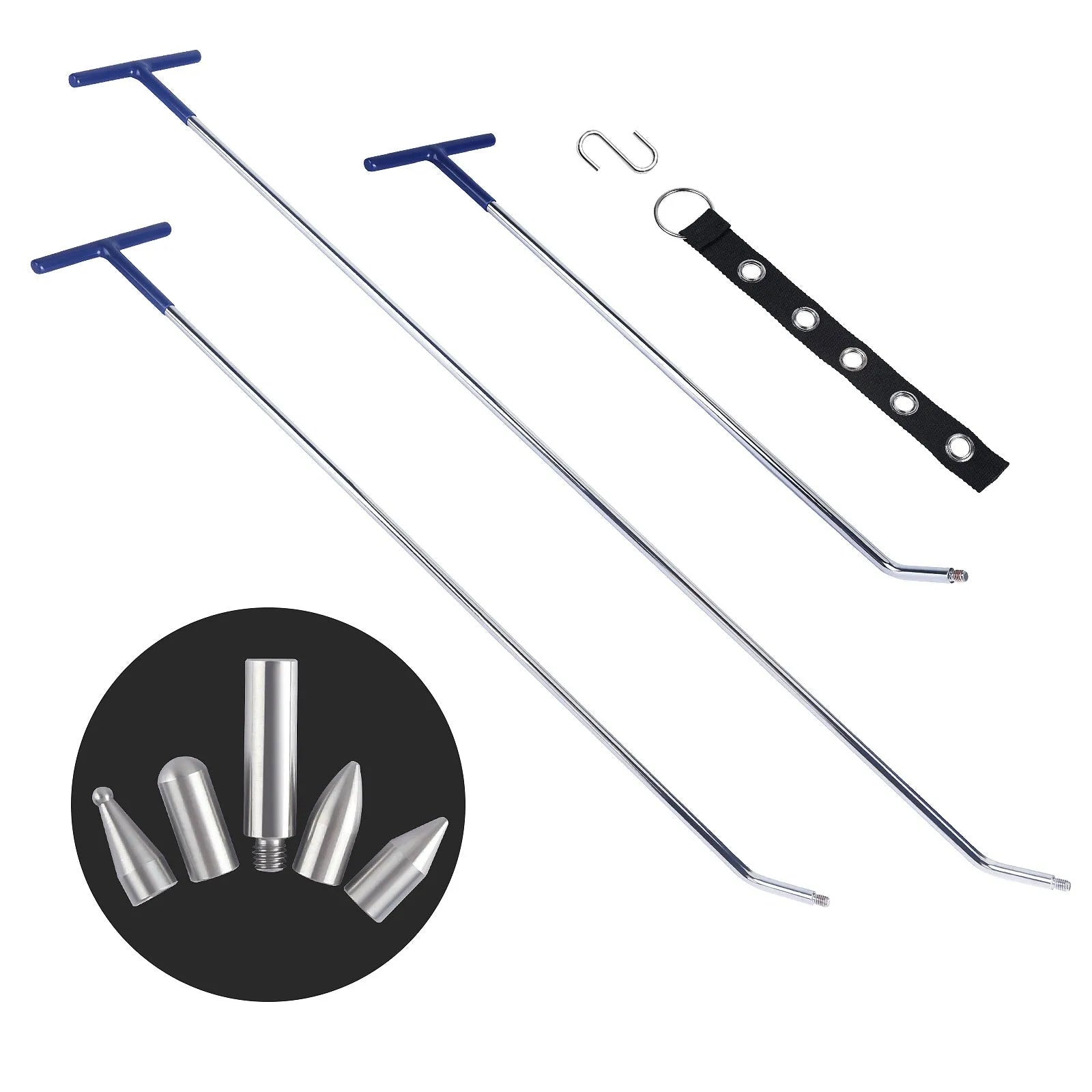 Three alloy steel hook crowbar tools for car dent repair on a workbench.