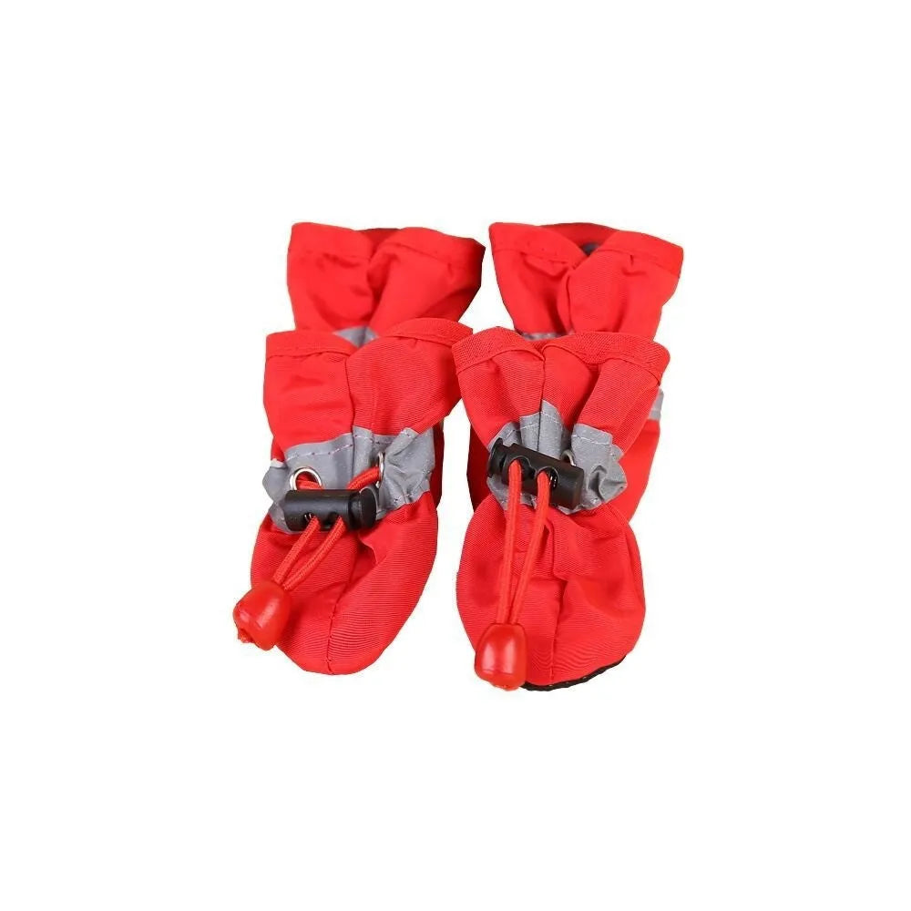 Set of four dog shoes in cloth material with soft soles, shown in multiple colour options including fleece-lined variants