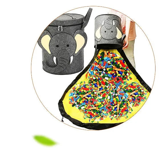 Green felt storage bag converted into a toy play mat with pull rope closure