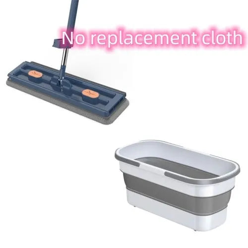 Large flat mop with stainless steel handle and blue cleaning cloths showing 360-degree rotating head