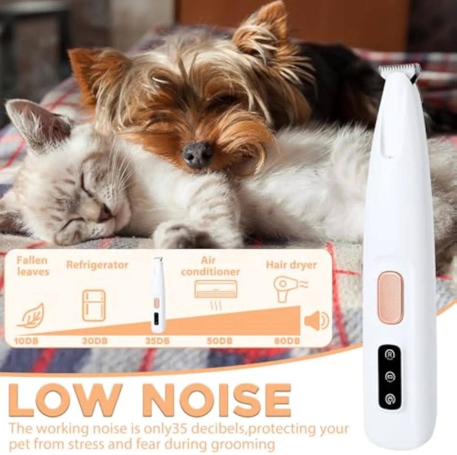White rechargeable electric dog paw trimmer with LED light on a compact, low-noise grooming clipper.