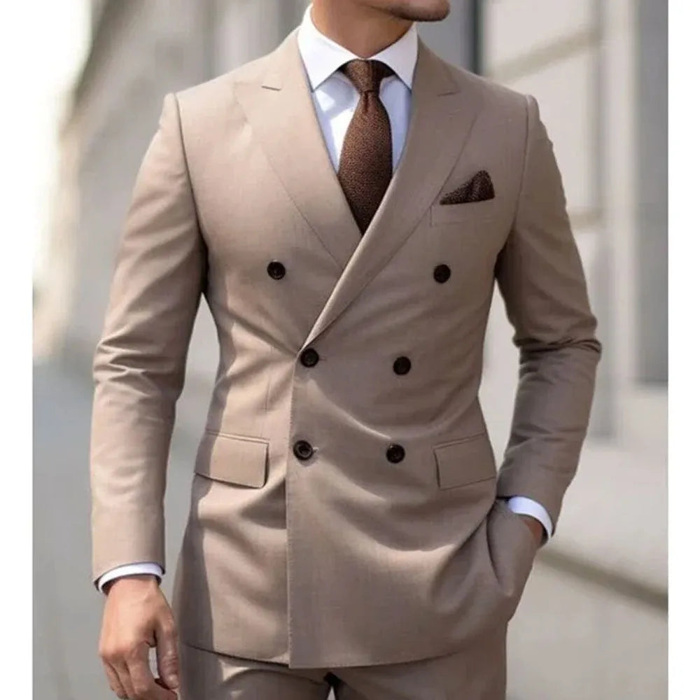 Men's grey Korean-style slim fit two-piece suit jacket and trousers on a hanger.