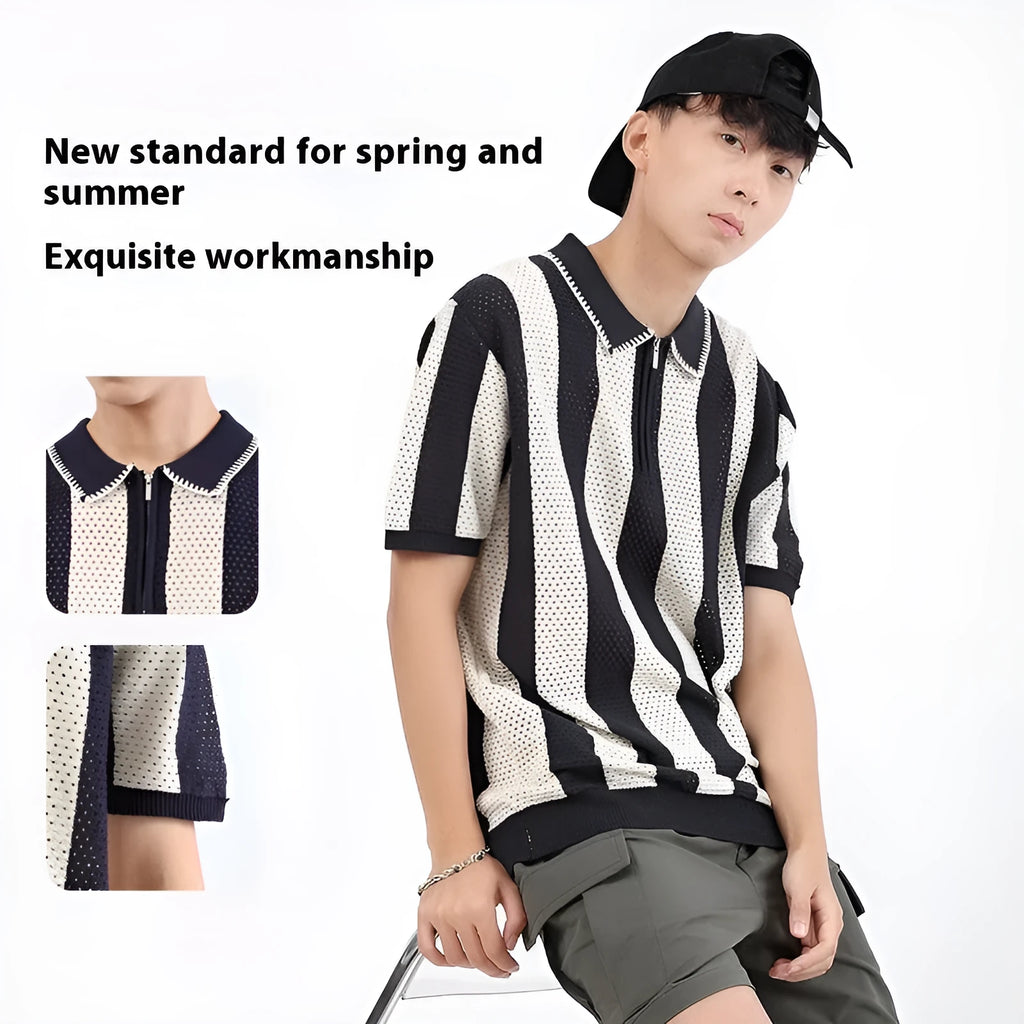 Man wearing a striped short sleeve ice silk sweater with a zipper decoration in sapphire blue.