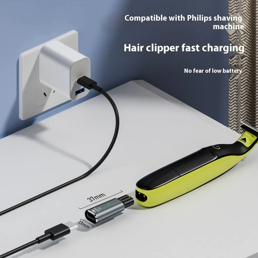 USB C charging adapter for electric shavers with aluminium alloy housing in black colour