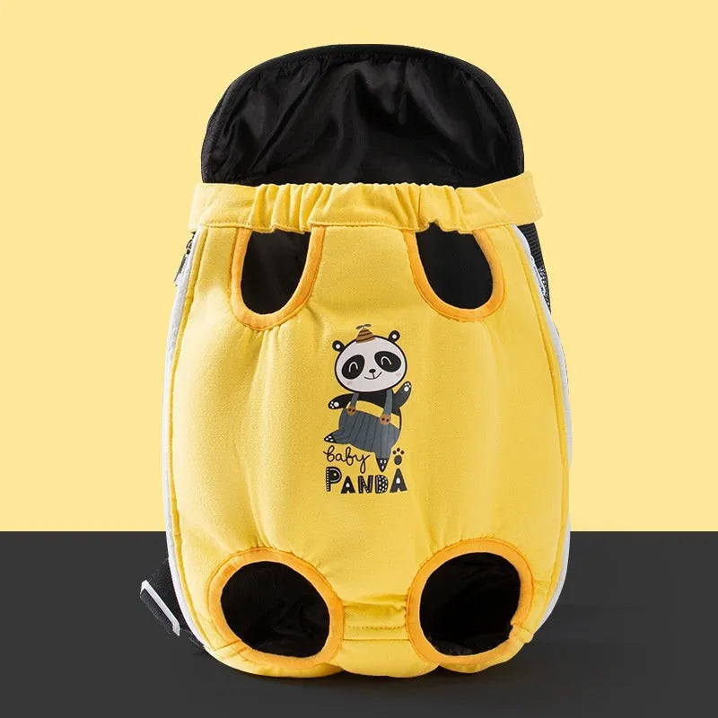 Soft canvas cat carrier bag with a yellow bear cartoon pattern and colourful stitching, shown in multiple size options.