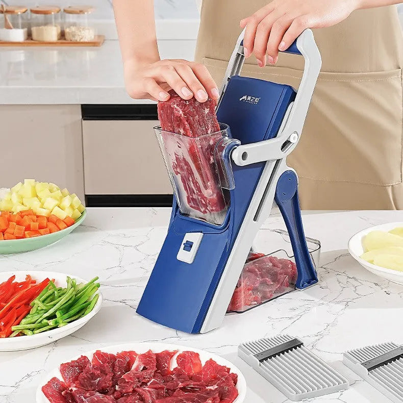 Purple vegetable chopper with wire planer on a kitchen counter