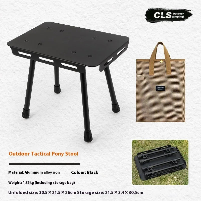 CLS aluminium folding camping stool in army green, shown extended as a seat and converted into a small table.