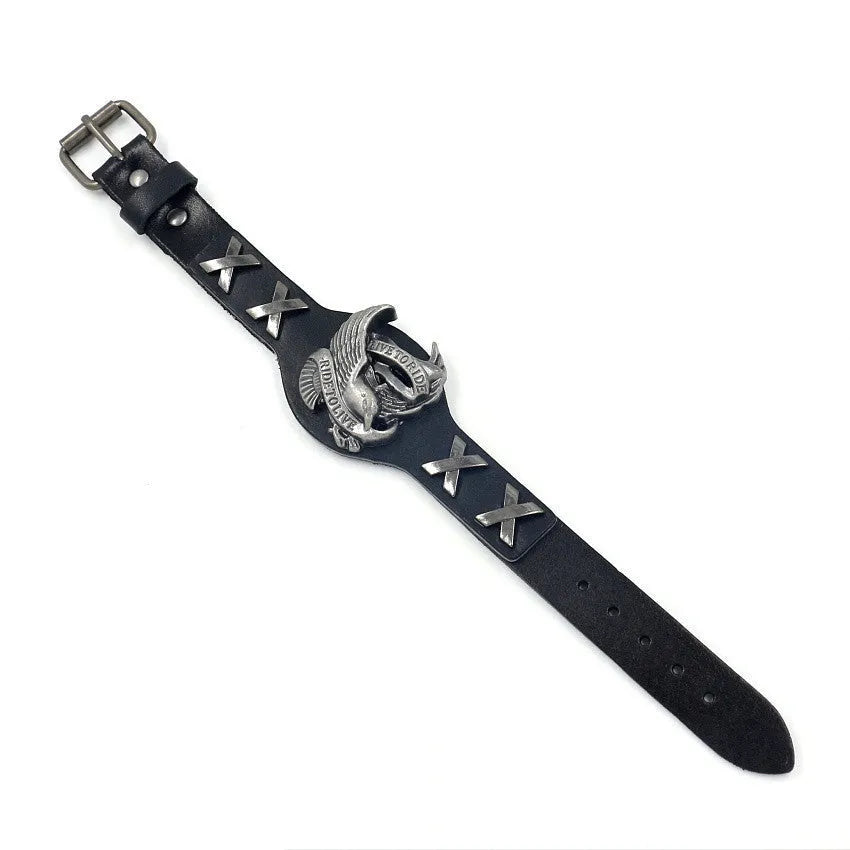 Black leather geometric bracelet with alloy eagle watch clasp showing tapered width and 26cm length