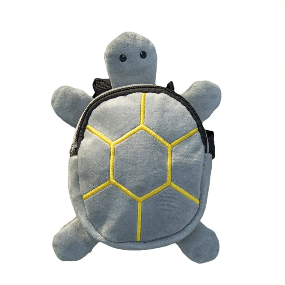 Cartoon turtle shape dog backpack with harness vest in velvet material showing 20x18cm capacity