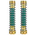 Close-up of a 15cm long brass garden hose spring connector with a visible internal spiral to prevent kinking.