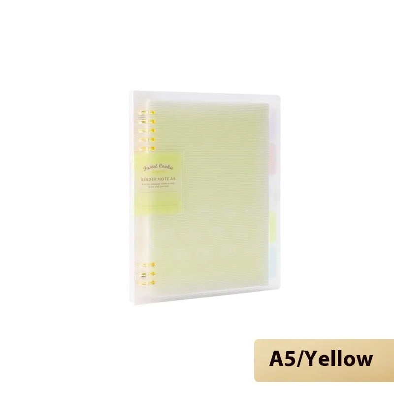 Loose-leaf spiral notebook with PP cover open, showing raw wood pulp pages in A5 or B5 size.