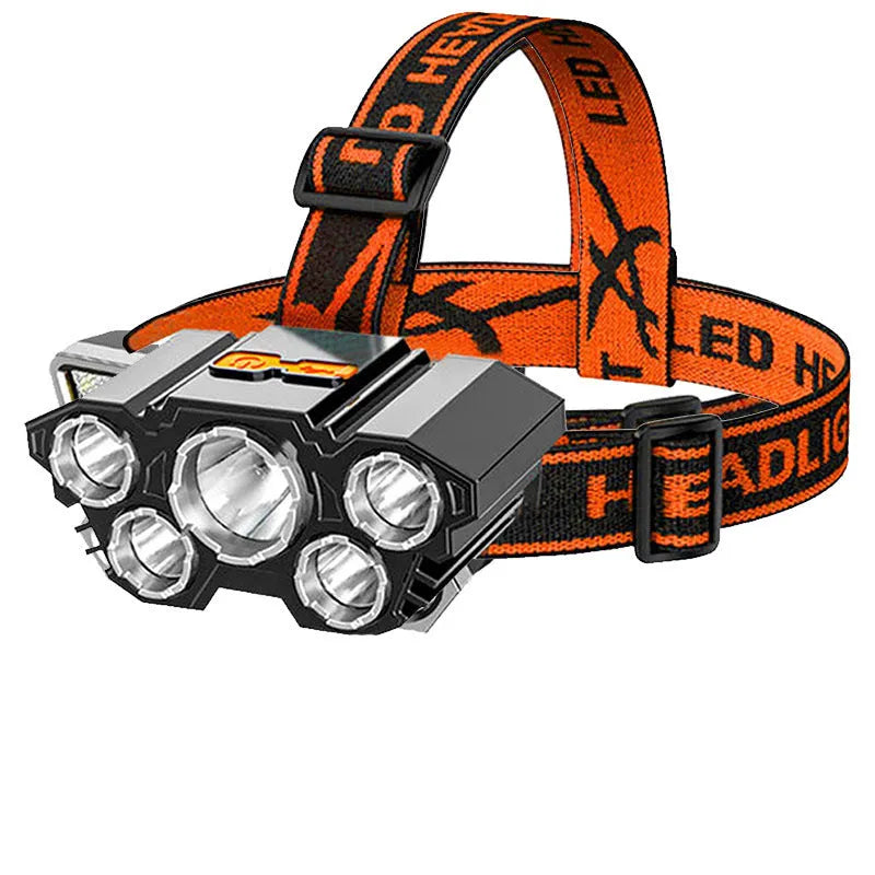 Long-range 10W LED miner's headlamp with adjustable strap and charging cable on a colour box.